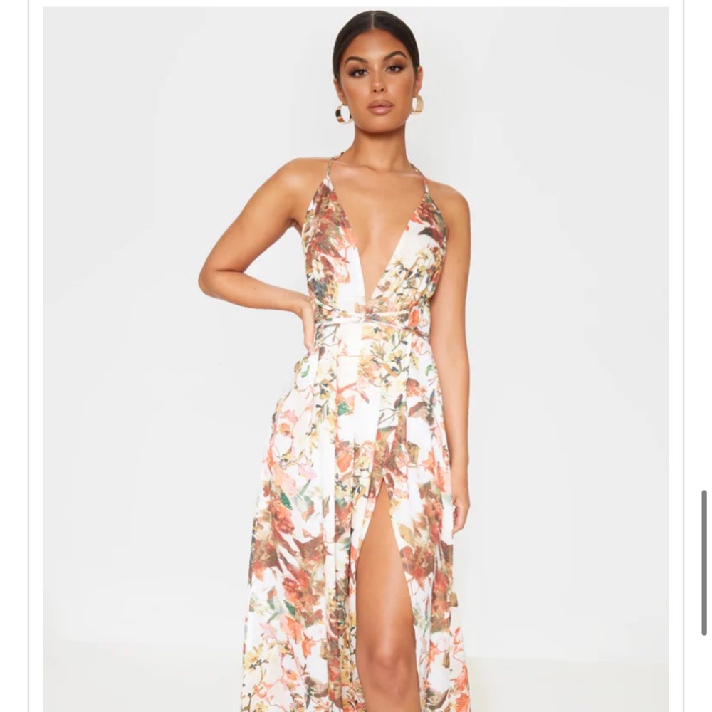 White floral print chiffon halter neck maxi dress
